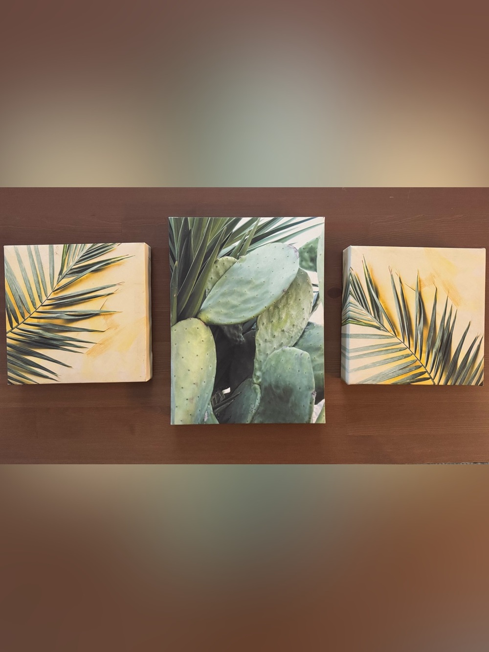 Green Cactus and Palm Leaf Canvas Wall Art 3 Piece Set - Botanical Theme
